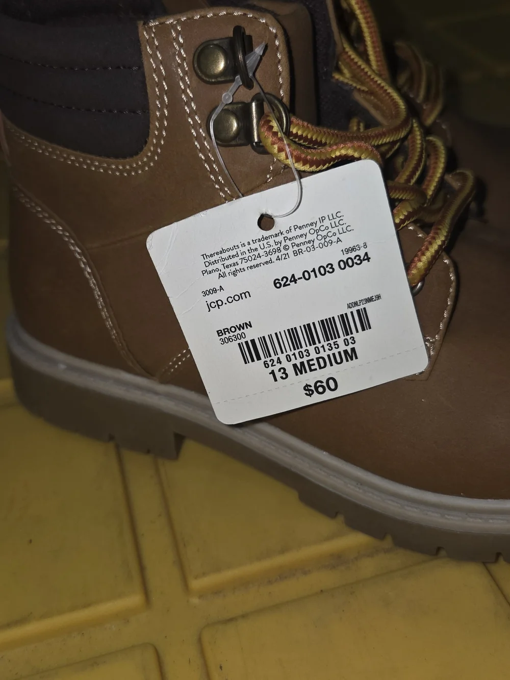jcpenney Kids Brown Lace-Up Memory Foam Boots with Yellow Accent Laces